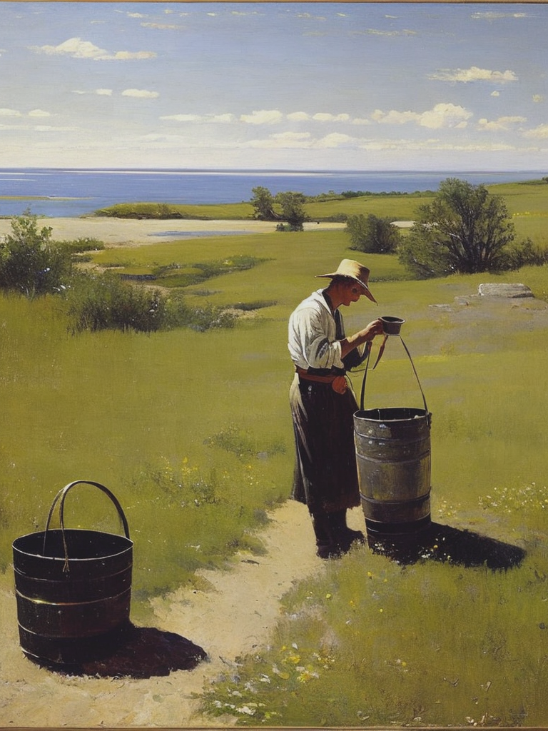 08738-930964717-nathaniel neely williamson man with pails oil on canvas 9x12in 1955, in the style of andrew wyeth, jules breton, light bronze an.png